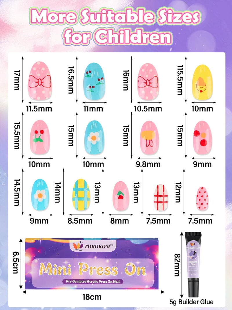 TOROKOM Press on Nails for Kids, 26PCS Cute Colorful Kids Fake Nails Glue on Nail Short Almond False Nail Art Gift for Girls Children 8-12 Age with Builder Nail Glue (1 Pack No Sticky Back) - Image 3